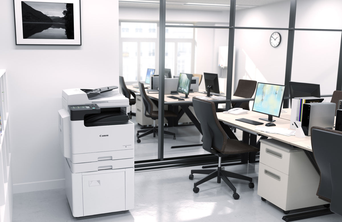 Canon imageRUNNER 2425i en bureau — cassette et meuble optionnels illustrés