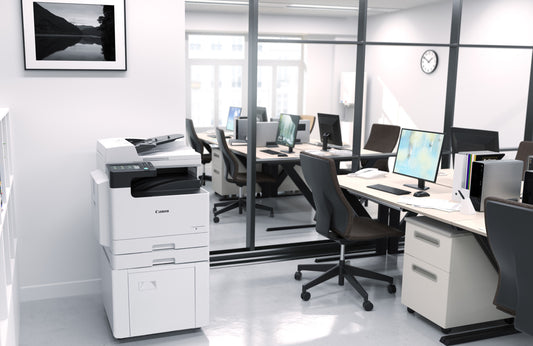 Canon imageRUNNER 2425i en bureau — cassette et meuble optionnels illustrés